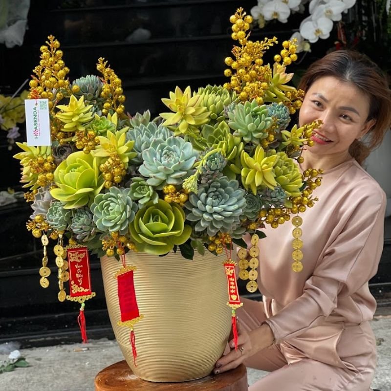 Hoa Khai Trương Sen Đá - Bình Hoa Sen Đá Vàng May Mắn 2