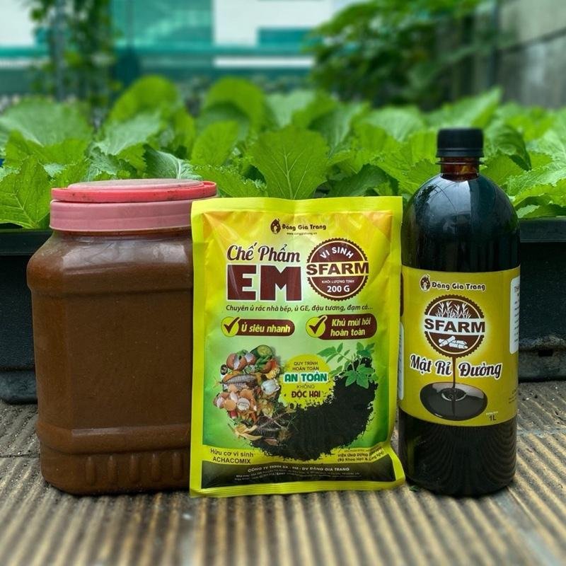 Ủ phân bón Combo bộ đôi chế phẩm EM Sfarm và mật rỉ đường làm phân hữu cơ từ rác nhà bếp rau củ quả Em 200g và Mật rỉ đường 1 lít