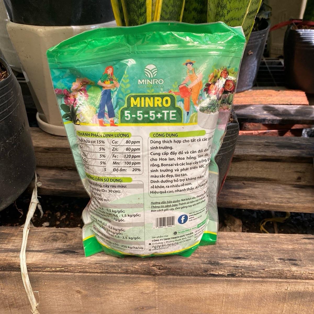 Phân hữu cơ khoáng Minro 5-5-5+TE gói 1kg cải tạo đất xanh lá dày lá 3