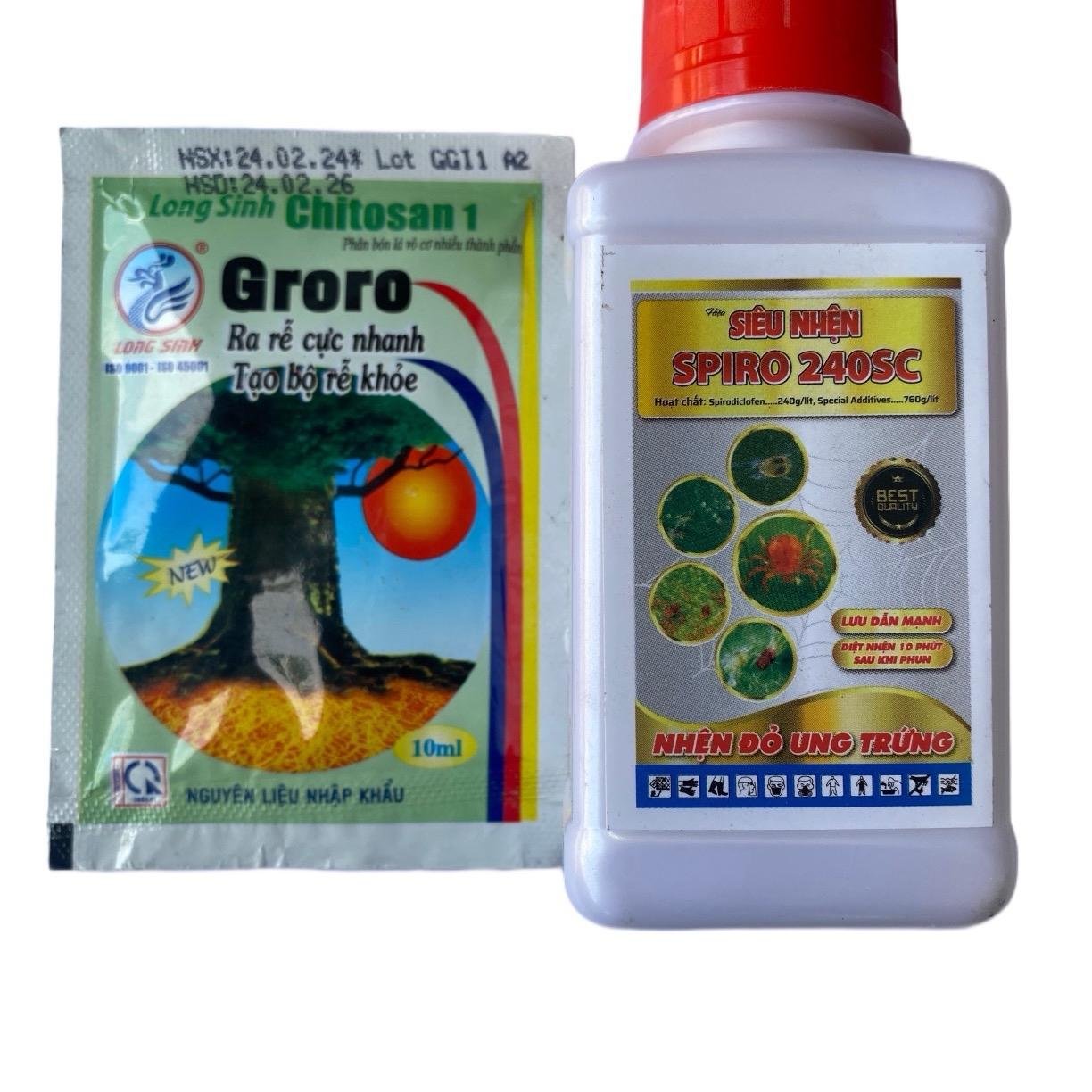 Combo bao gồm Phân bón kích rễ Groro và Siêu nhện Spiro 240SC giúp cây ra rễ đâm chồi phục hồi sau khi nhện đỏ ăn lá 2