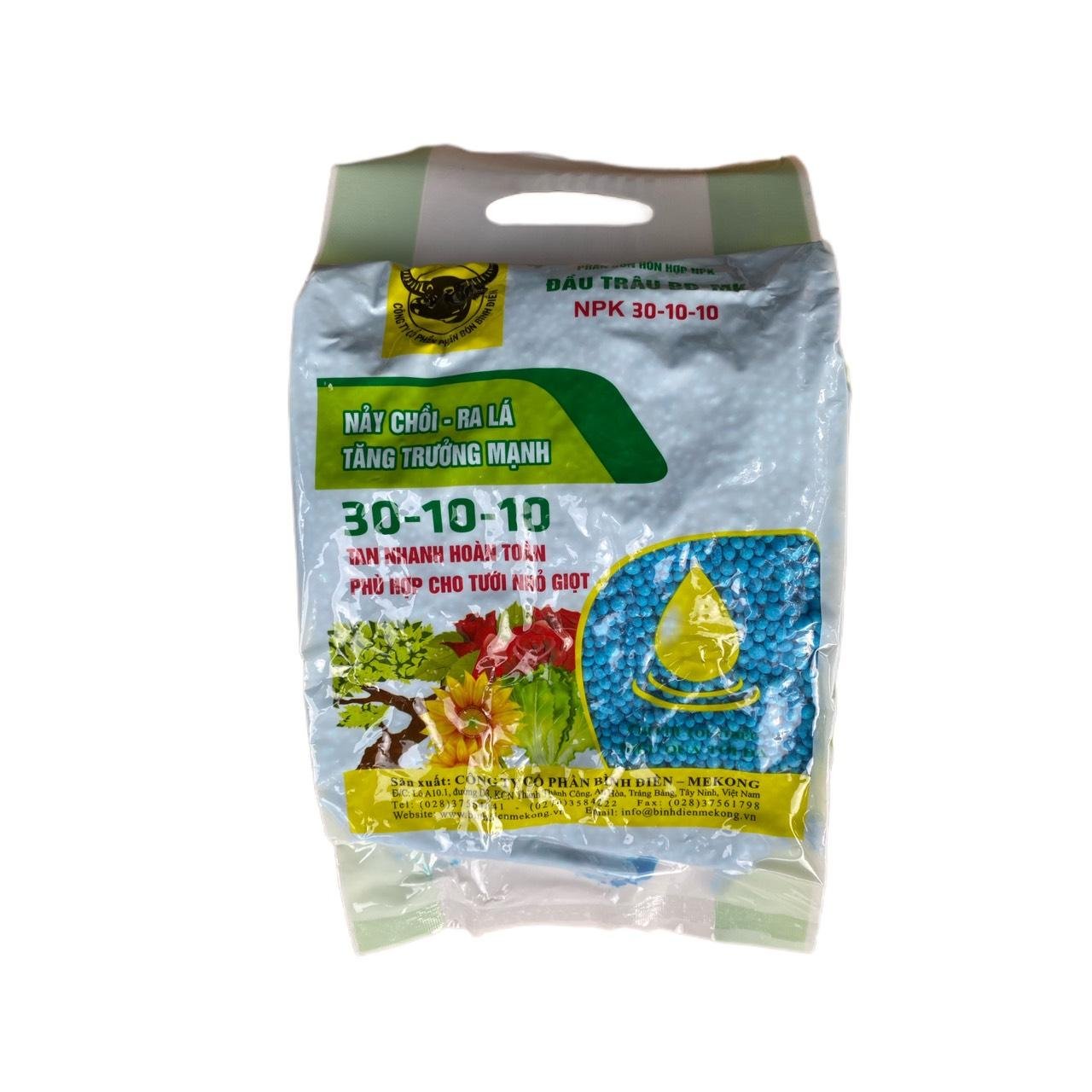 Phân bón NPK 30-10-10 1KG Đầu trâu Bình Điền giúp cây đâm chồi xanh lá mập cành