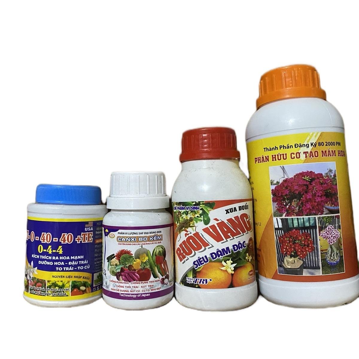 Bộ phân bón ra hoa dưỡng hoa dưỡng nụ sứ Bao gồm 1 hũ NPK 0-40-40 100gam 1 hũ  Canxi bo kẽm 100ml 1 hũ ruồi vàng 240ml 1 chai phân hữu cơ tạo mầm hoa 500ml Combo 4 chai