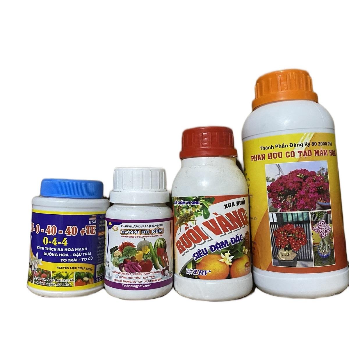 Bộ phân bón ra hoa dưỡng hoa dưỡng nụ sứ Bao gồm 1 hũ NPK 0-40-40 100gam 1 hũ  Canxi bo kẽm 100ml 1 hũ ruồi vàng 240ml 1 chai phân hữu cơ tạo mầm hoa 500ml Combo 4 chai 3