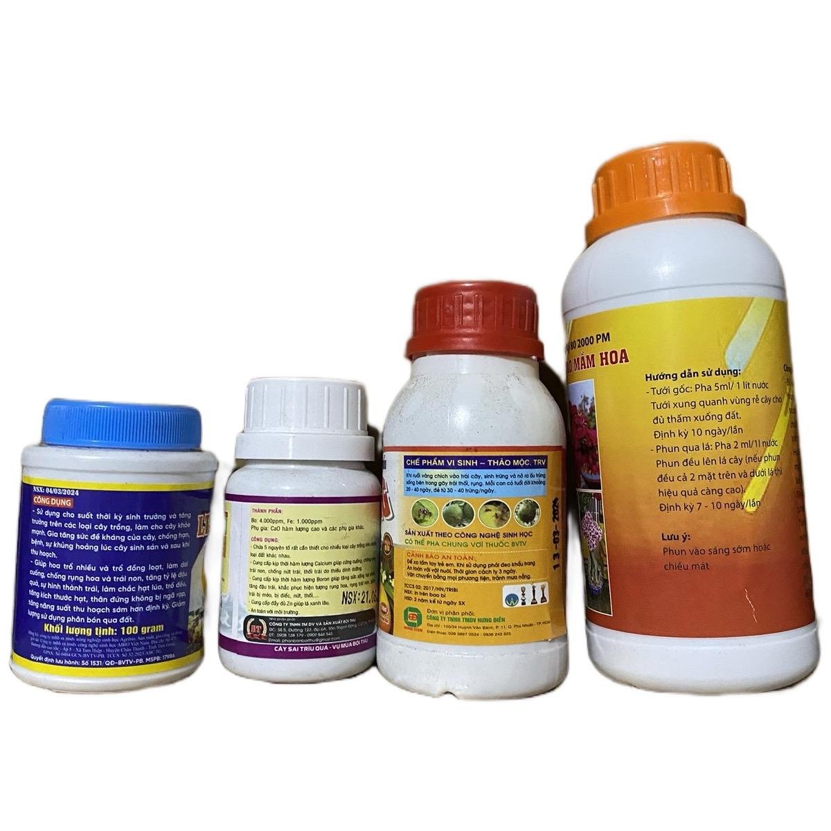 Bộ phân bón ra hoa dưỡng hoa dưỡng nụ sứ Bao gồm 1 hũ NPK 0-40-40 100gam 1 hũ  Canxi bo kẽm 100ml 1 hũ ruồi vàng 240ml 1 chai phân hữu cơ tạo mầm hoa 500ml Combo 4 chai 2