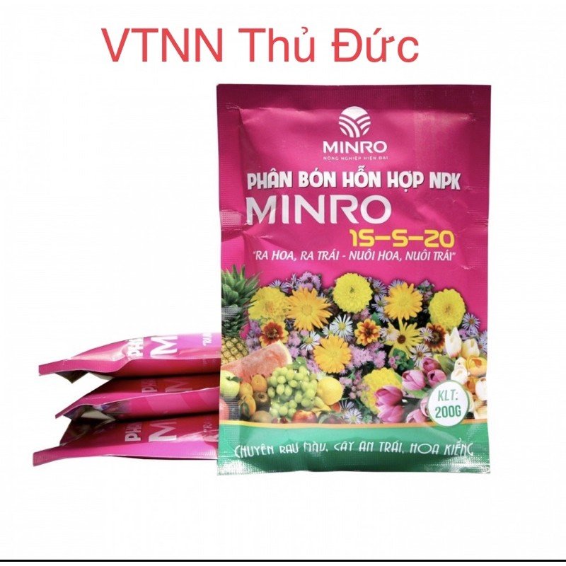 Phân NPK Minro 15-5-20 gói 200gram dùng ra hoa, đậu trái