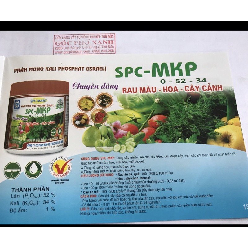 Phân bón MKP-  Mono Kali Phosphat SPC-MKP 200gram