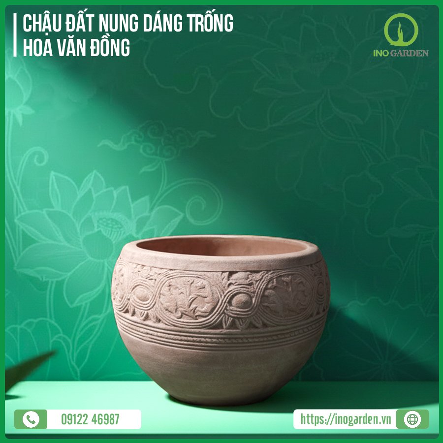 CHẬU ĐẤT NUNG DÁNG TRỐNG HOA VĂN ĐỒNG