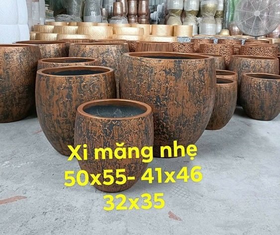Chậu Trồng Cây Xi Măng Nhẹ Màu Đồng Hình Lu