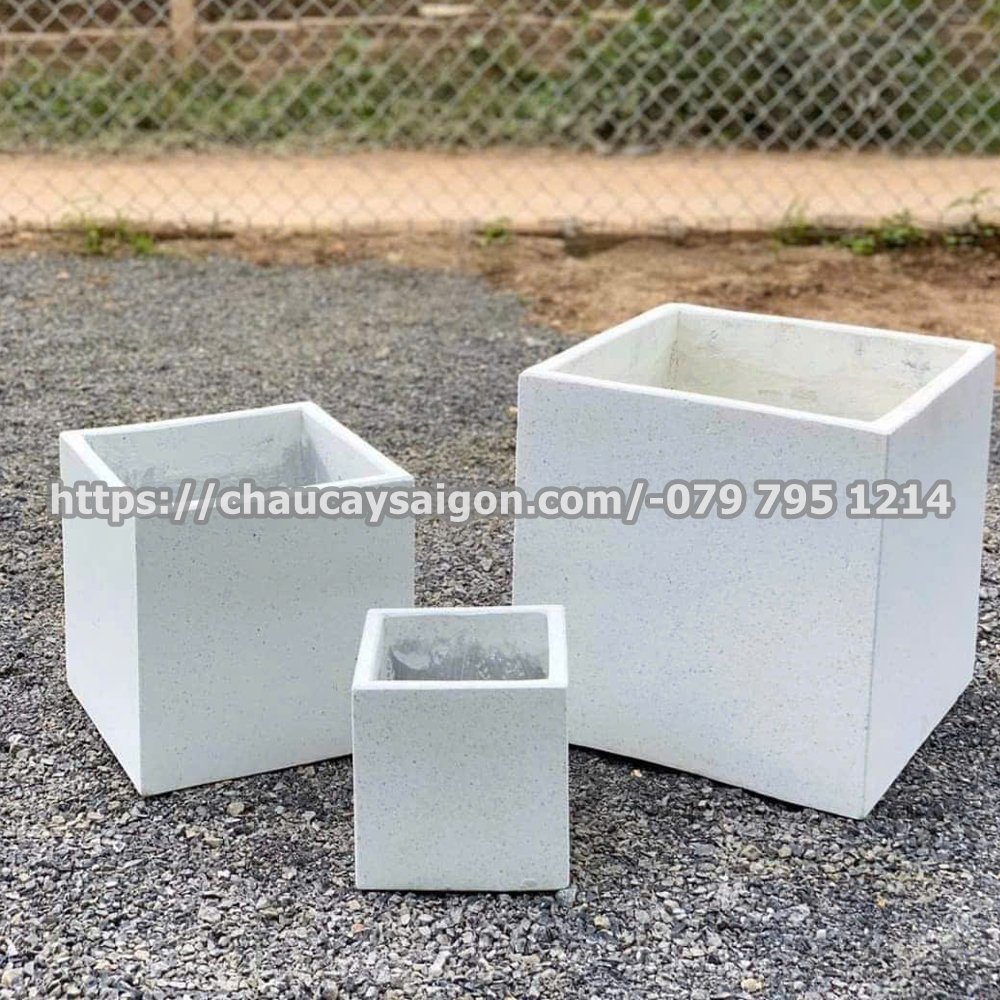 Chậu xi măng đá mài vuông trắng